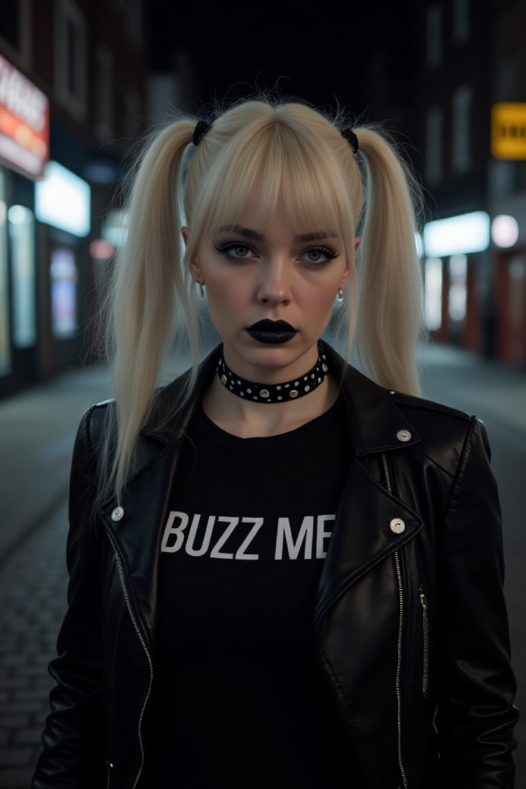 woman, pale skin, goth makeup, black lipstick, choker, blonde, twintails, sultry look, full lips, thin nose, leather jacket, black shirt written 'BUZZ ME', dark setting, hard shadows, an empty city street at night in the background.