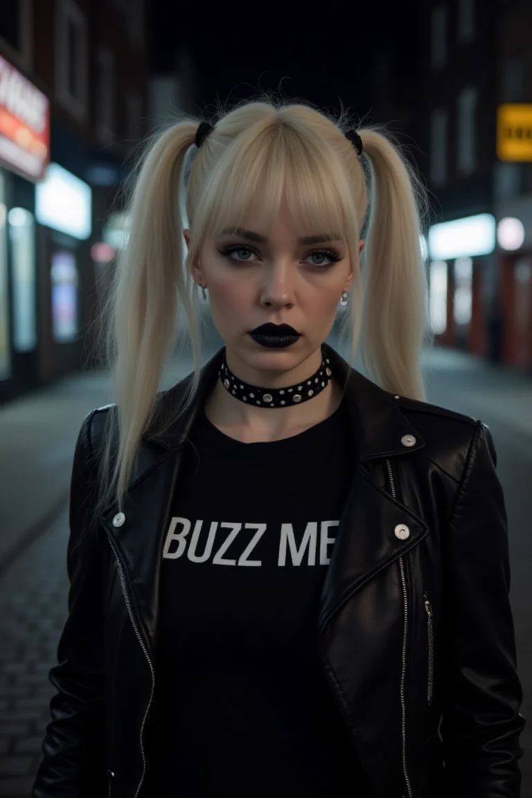 woman, pale skin, goth makeup, black lipstick, choker, blonde, twintails, sultry look, full lips, thin nose, leather jacket, black shirt written 'BUZZ ME', dark setting, hard shadows, an empty city street at night in the background.