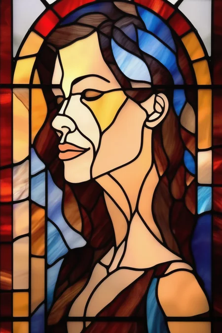 <lora:Stained Glass Portrait:1>Stained Glass Portrait - simple stained glass pattern of a woman. large pieces. minimal details. black lines. amateur
