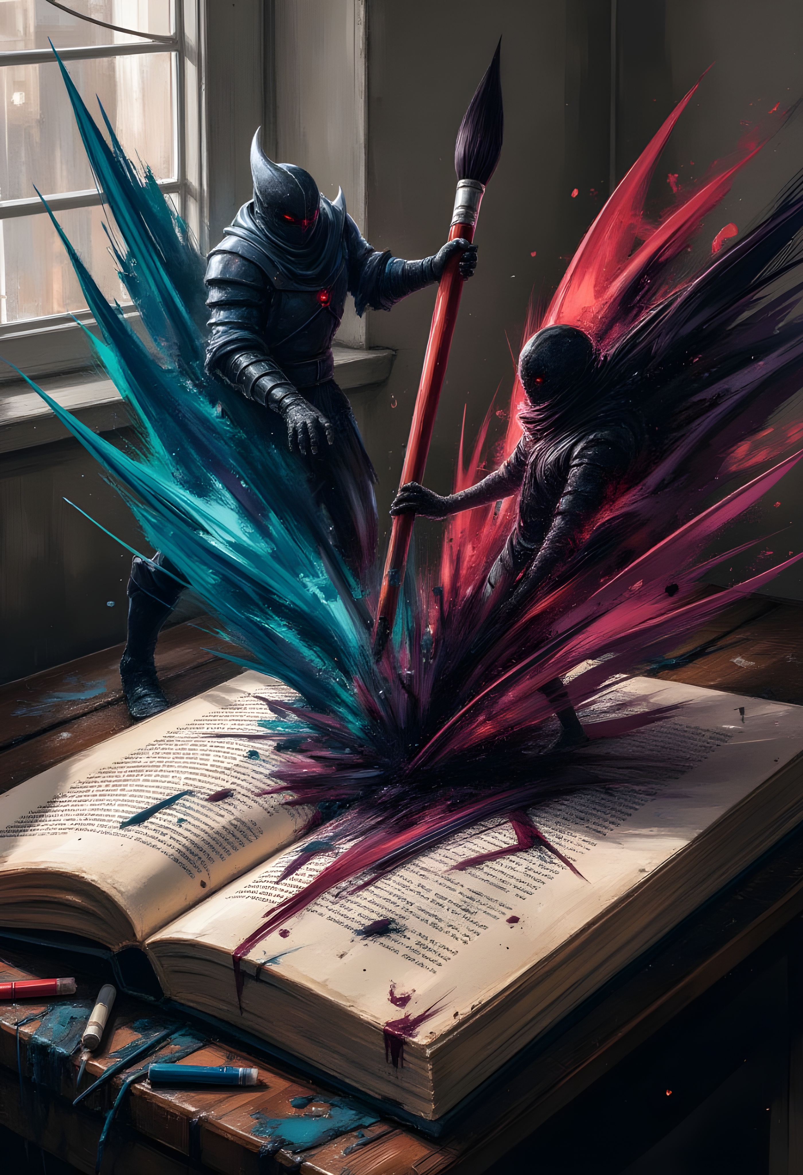 cinna flow, a brave warrior painter holds their large paintbrush, which drips with colorful paint, they hold their paintbrush, striking black inky evil blotches of black paint in the shape of scary creatures. The battle between the brave painter warrior and the evil ink blotch creatures takes place on an open story book, it pages scarred with the black ink from the evil creatures and the colorful paint from the hero's paintbrush. Black ink and colorful paint clash and collide as the evil ink blotch creatures battle with the heroic painter warrior and his mighty paintbrush of colors. The colorful battle seeps onto the desk that the open story book rests on. A battle of good versus evil.