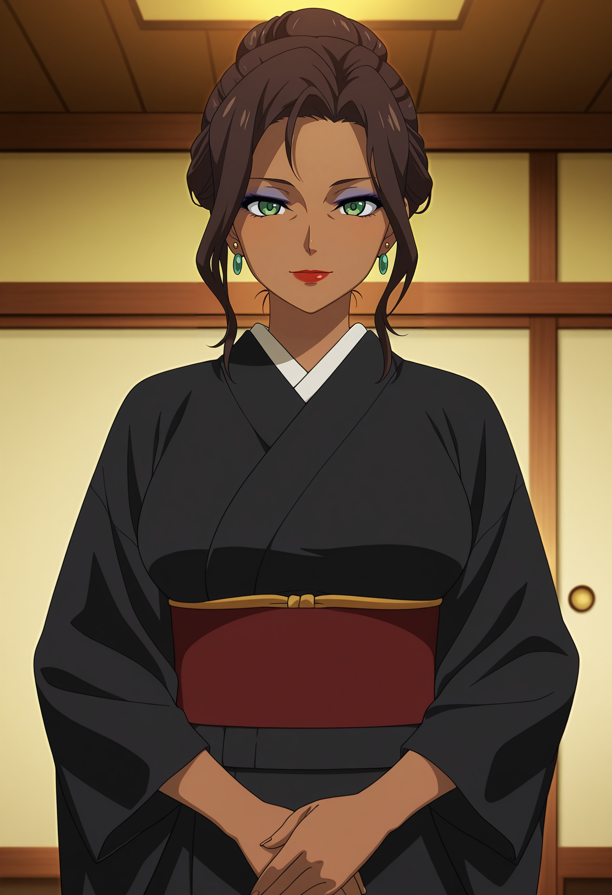 1girl,solo,mm,mature female,dark-skinned female,brown hair,hair bun,single hair bun,makeup,lipstick,green eyes,earrings,anime coloring,
black kimono,own hands together, looking at viewer, light smile, indoors,cowboy shot, 
,masterpiece,best quality,amazing quality,<lora:Amida_Arca-Gundam_Iron-Blooded_Orphans:0.8>