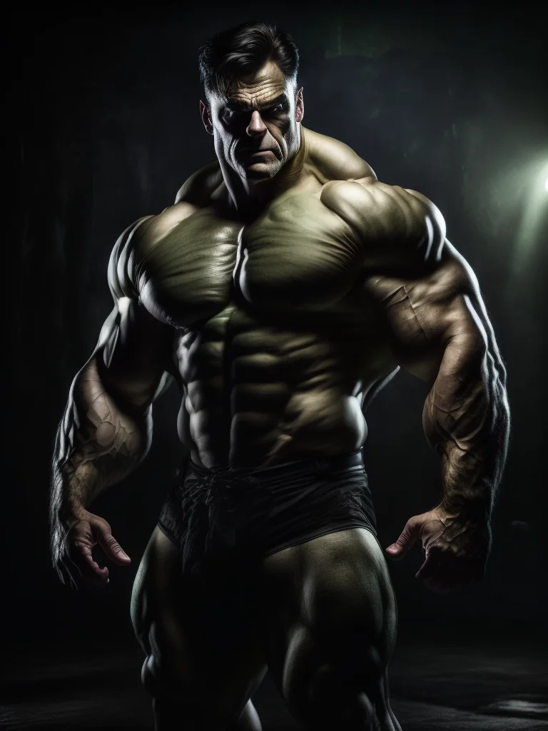award winning photo of the incredible hulk posing in a dark studio, (rim lighting,:1.4) two tone lighting, green hue, octane, unreal, dimly lit, low key, to8contrast style