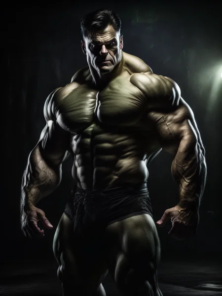 award winning photo of the incredible hulk posing in a dark studio, (rim lighting,:1.4) two tone lighting, green hue, octane, unreal, dimly lit, low key, to8contrast style