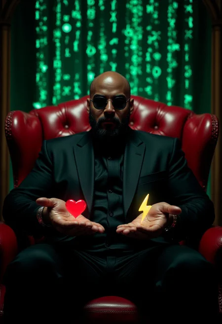 Morpheus from the Matrix sits on a red leather chair. Morpheus is a black bald chubby man wearing round black sunglasses. Morpheus is clean shaven and beardless. Morpheus holds out his hands and offers a choice, holding a red heart icon on one palm and a yellow bolt icon on the other. The background is of falling green symbols from the Matrix. The image is filled with dim colors. Photograph, realistic, higly detailed, atmospheric perspective, Depth of field 100mm. midjourneyv6.1, detailmaximizer,