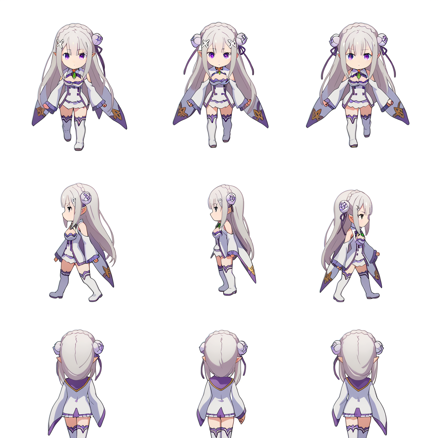 score_9, score_8_up, score_7_up, source_anime,
BREAK
 <lora:shiSpriteTestPart30:0.95>, sprite sheet,  chibi, multiple views, how to, 
simple background, white background,
1girl, solo, anime screencap, anime coloring, 
<lora:shiEmiliaV2:1> shimilia, long hair, grey hair, purple eyes, pointy ears, crown braid, hair flower, hair ribbon, purple ribbon, x hair ornament, white dress, cleavage, bare shoulders, wide sleeves, white thighhighs, thigh boots,