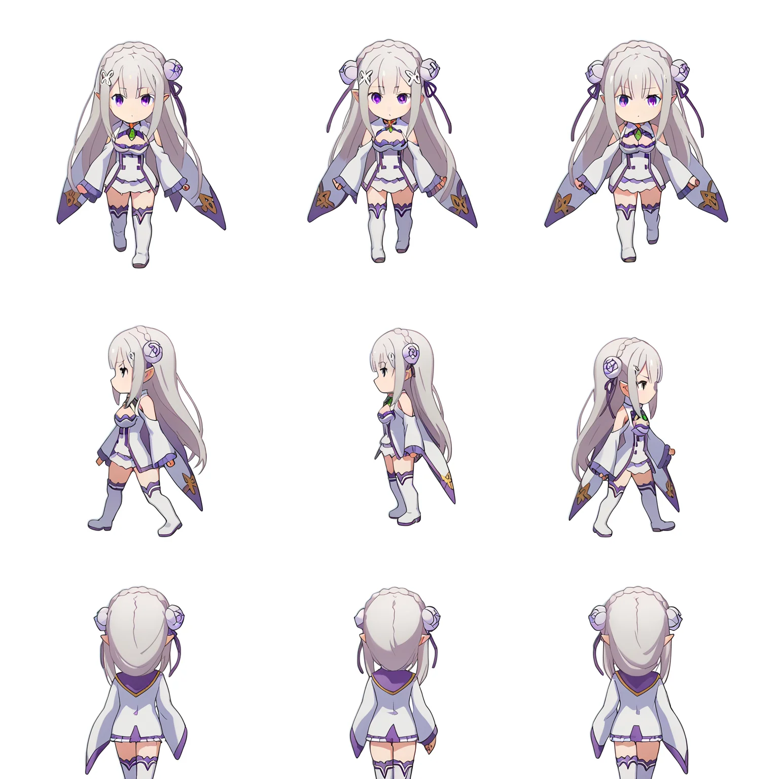 score_9, score_8_up, score_7_up, source_anime,
BREAK
<lora:shiSpriteTestPart30:0.95>, sprite sheet, chibi, multiple views, how to,
simple background, white background,
1girl, solo, anime screencap, anime coloring,
<lora:shiEmiliaV2:1> shimilia, long hair, grey hair, purple eyes, pointy ears, crown braid, hair flower, hair ribbon, purple ribbon, x hair ornament, white dress, cleavage, bare shoulders, wide sleeves, white thighhighs, thigh boots,