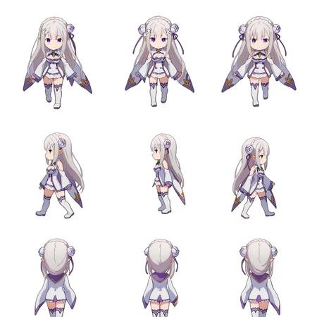score_9, score_8_up, score_7_up, source_anime,
BREAK
<lora:shiSpriteTestPart30:0.95>, sprite sheet, chibi, multiple views, how to,
simple background, white background,
1girl, solo, anime screencap, anime coloring,
<lora:shiEmiliaV2:1> shimilia, long hair, grey hair, purple eyes, pointy ears, crown braid, hair flower, hair ribbon, purple ribbon, x hair ornament, white dress, cleavage, bare shoulders, wide sleeves, white thighhighs, thigh boots,