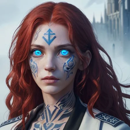 bright red hair, human female, (feminine:1.7), (beautiful face, detailed face:1.6), (beautiful eyes, detailed eyes:1.7), (looking at viewer, eye contact, intense:1.6), (long hair, red hair, curly hair:1.3), , ((masterpiece, best quality, high resolution, realistic, best quality,)), photo realistic, Perfect Face, (detailed face). <lora:GoodHands-vanilla:0.6> <lora:add-detail-xl:0.8>, mage, (Dress White military uniform coat), dagger, rune dagger, glowing runes, , (((glowing magic symbols tattoos, religious tattoos))), ((face tattoos)), glowing tattoos, stone tower in the background