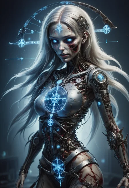 DonMT3chC057ruc7sXL female time zombie, data encryption cracker,oracle, war scythe, <lora:DonMT3chC057ruc7sXL:0.8>