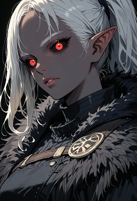 (score_9, score_8_up, score_7_up), source_anime, anime, waist-high image, drow, ((ash-gray skin)), red pupils, black sclera, ((white hair)), wavy hair, ((high long ponytail)), ((thick hair)), fur cape, black armor, ((female)), elf, calm face, handsome, solo, fantasy clothing, ((dark blue skin)), black background, viking, dark elf, darkest elf, rich clothes, big fur cape, ((black eye sclera)), hair in a high ponytail