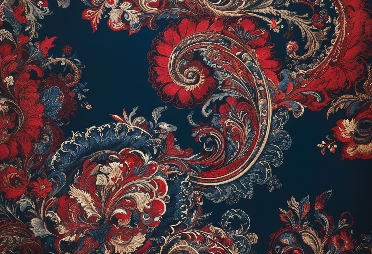 photo of a paisley pattern, official art, aesthetic, dynamic angle, hyper detailed, order and chaos, dark colors, (extremely detailed, intricate details, masterpiece, best quality, 8k wallpaper:1.4), dramatic lighting, (dark blue and madder red palette:1.2), boteh, paisley, navy blue, madder red, almond