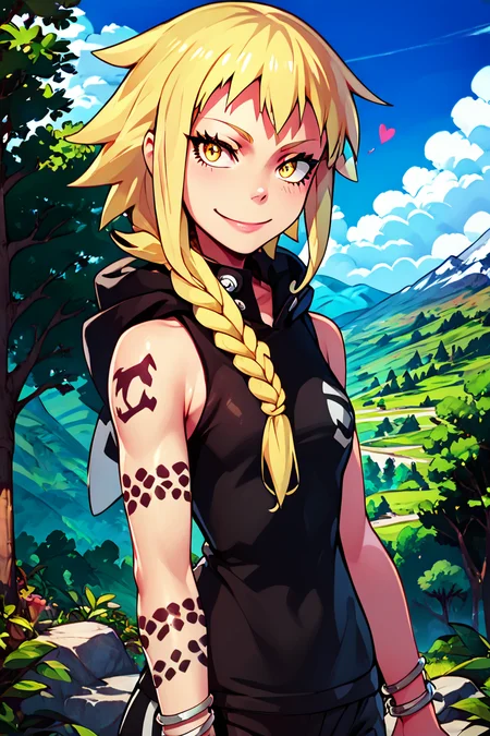 score_9, score_8_up, score_8, medium breasts, (curvy), cute, eyelashes, BREAK, , zzMedusa, blonde hair, long hair, braid, yellow eyes, tattoo, hood, jewelry, bracelet, sleeveless, nail polish, hoodie, braid, black nails, <lora:Medusa_SoulEater_PDXL_v2:1.0>, BREAK, looking at viewer, smile, outdoors, sky, day, cloud, tree, blue sky, mountain, cowboy shot, ,,, embedding:zPDXL, Expressiveh, ,,, <lora:Alola_Style_PDXL:0.8>, <lora:CatalystStylePDXL:0.8>, <lora:Expressive_H-000001:0.4>,