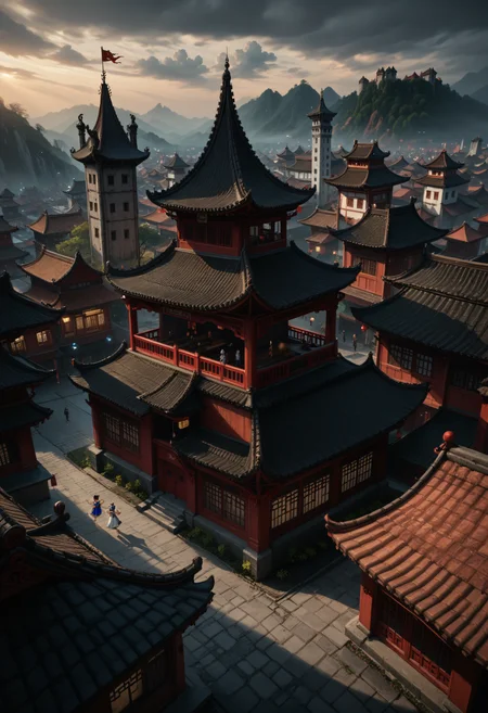 score_9, score_8_up, score_7_up, 1girl, outdoors, from above, standing on one leg, chun-li, street_fighter, 1girl, brown_hair, brown_eyes, chinese town, embedding:c4stl3