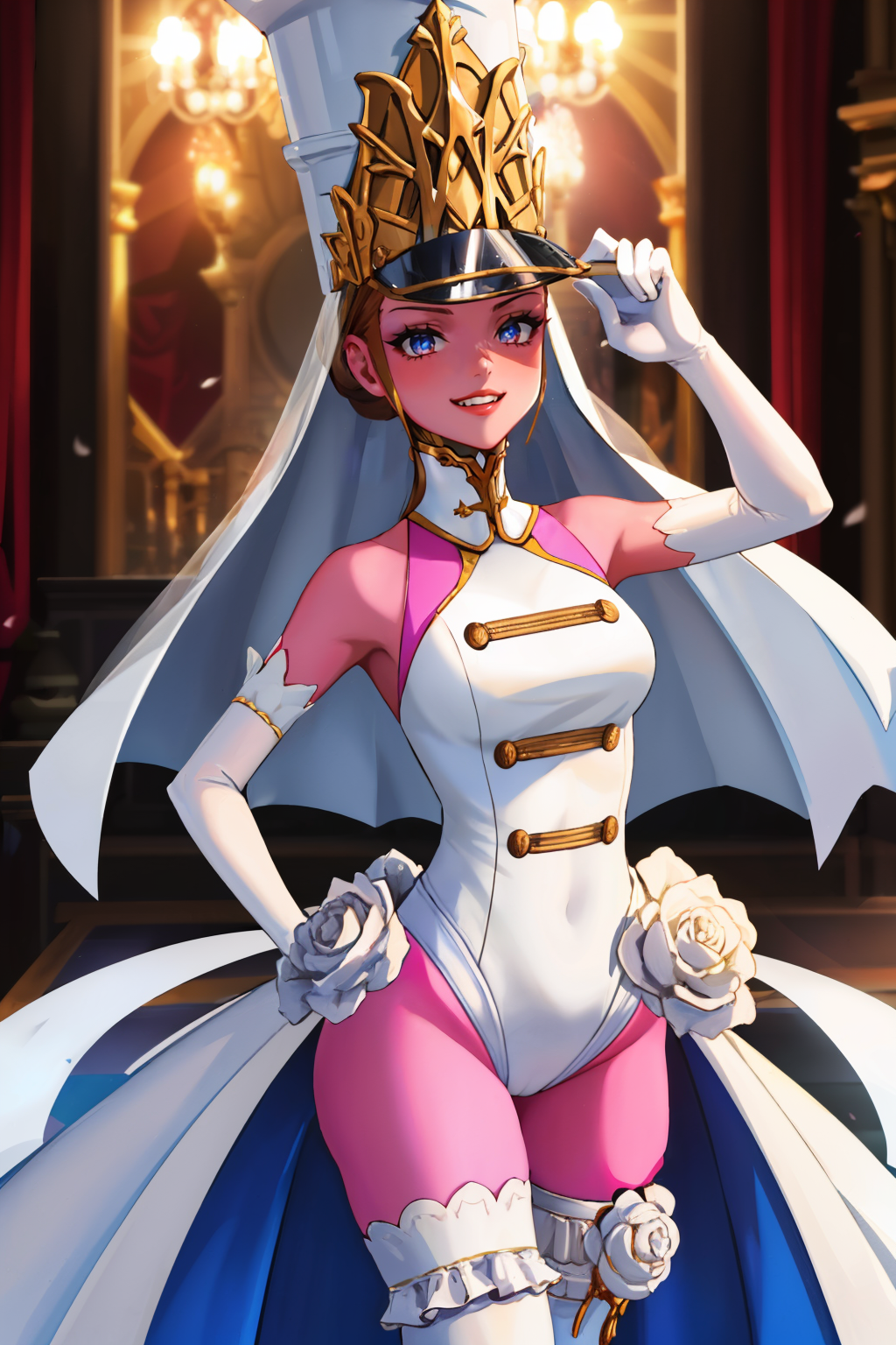 masterpiece, best quality, 1girl, solo, evil grin
<lora:zs_Marie:1> mariep5t, colored skin, hair bun, veil, leotard, wedding dress, thighhighs, elbow gloves