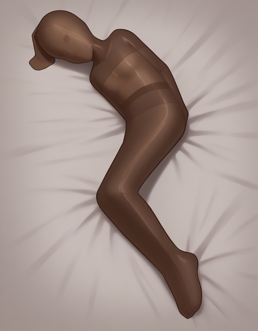 score_9, score_8_up, score_7_up, score_6_up, score_5_up, score_4_up, 1girl, solo,
<lora:Nylencased v3:1> nylencased, mummification \\(bound\\), restrained, legs together, feet together, encasement, (full body encasement), (stretching cocoon:1.2), brown pantyhose, bodystocking, nervous, breasts, close-up, lying on bed, on side, (pantyhose on head:1.4), (pantyhose over face, flat hair, covered hair:1.4), (faceless)
<lora:Furfrou_v2:0.8> furfrou, (dog ears, dog tail, dog girl), small breasts, tall female, skinny, very tall, lanky,