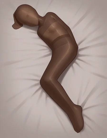 score_9, score_8_up, score_7_up, score_6_up, score_5_up, score_4_up, 1girl, solo,
<lora:Nylencased v3:1> nylencased, mummification \\(bound\\), restrained, legs together, feet together, encasement, (full body encasement), (stretching cocoon:1.2), brown pantyhose, bodystocking, nervous, breasts, close-up, lying on bed, on side, (pantyhose on head:1.4), (pantyhose over face, flat hair, covered hair:1.4), (faceless)
<lora:Furfrou_v2:0.8> furfrou, (dog ears, dog tail, dog girl), small breasts, tall female, skinny, very tall, lanky,