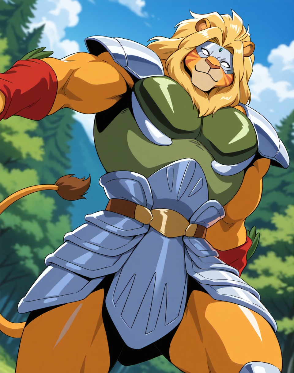 <lora:Kutal_(Shinzo)_(Illustrious)_(AD):1.35> Kutal, muscular, Shinzo, 
exterior, vivid anime blue sky with detailed clouds, forest, deep valley, 
dynamic action, dutch angle, solid white eyes, smile, solo, eye mask, cowboy shot, lion tail, bent leg, yellow hair, 
large biceps, large muscular shoulders, large muscular arms, large muscular thighs, orange body, orange fur, orange skin, 
BREAK: very awe, aesthetically pleasing, masterpiece, best quality, amazing quality, very aesthetic, perfect depth of field shot, subsurface reflections, gradient coloring, source_furry, furry_art, 
BREAK: lazympos, lazypos (3),