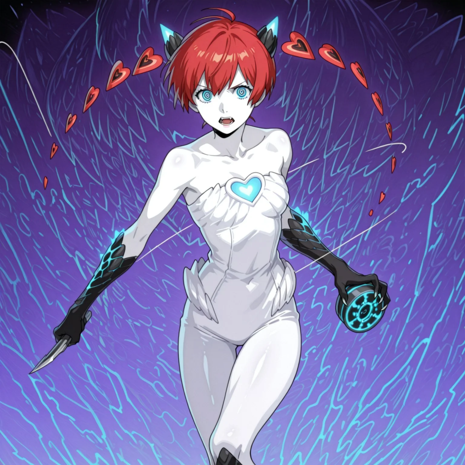lazypos,anime screencap, 1girl, solo
Sophia Persona, red hair, detached hair, hearts, defaultsophia, twintails, hires, sharp, Devil Trigger, monster form,monster, horns, white skin, blue glow, claws, fangs, holding weapon, yo-yo 
BREAK,
, vibrating colors, (hig contrast, shiny skin, bright colors)
