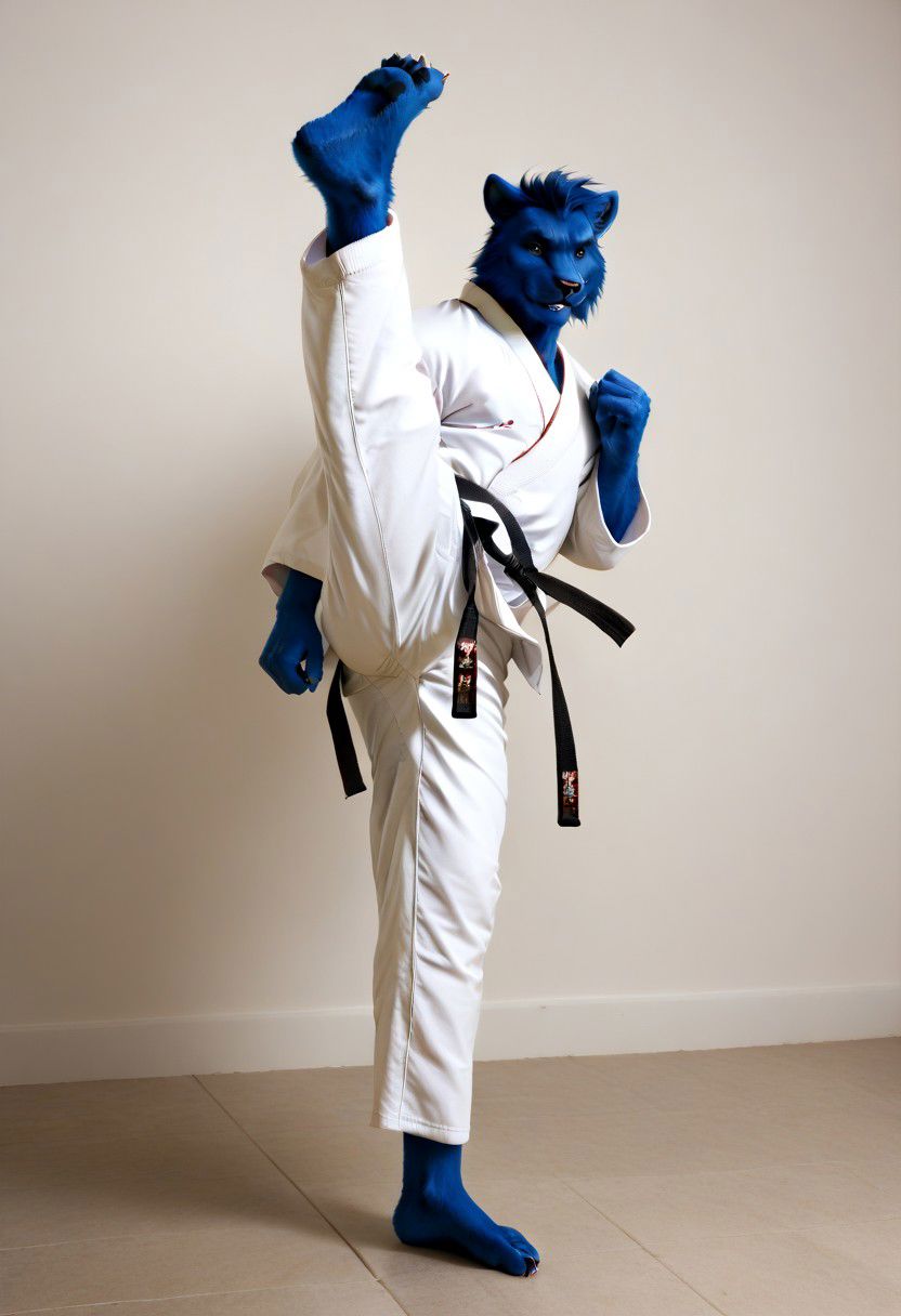 (((Barefoot furry character, full body, cinematic setting, furry male, plantigrade))) 
(((Beast from X-Man))), muscular, beefy, brawny, (((wears white kimono and lonh white pants))), (((performs karate kick))), high kick, lifted leg,  blue fur on entire body
BREAK, detailed background, 8K, (masterpiece:1.5), intricate details, highly detailed, extreme detail, octane render, fine art, best quality, highres, (detailed face:1.5), ((full_body)), UHD, (((perfect hands))), low light