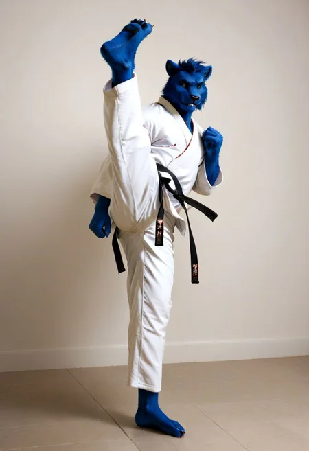 (((Barefoot furry character, full body, cinematic setting, furry male, plantigrade))) 
(((Beast from X-Man))), muscular, beefy, brawny, (((wears white kimono and lonh white pants))), (((performs karate kick))), high kick, lifted leg,  blue fur on entire body
BREAK, detailed background, 8K, (masterpiece:1.5), intricate details, highly detailed, extreme detail, octane render, fine art, best quality, highres, (detailed face:1.5), ((full_body)), UHD, (((perfect hands))), low light