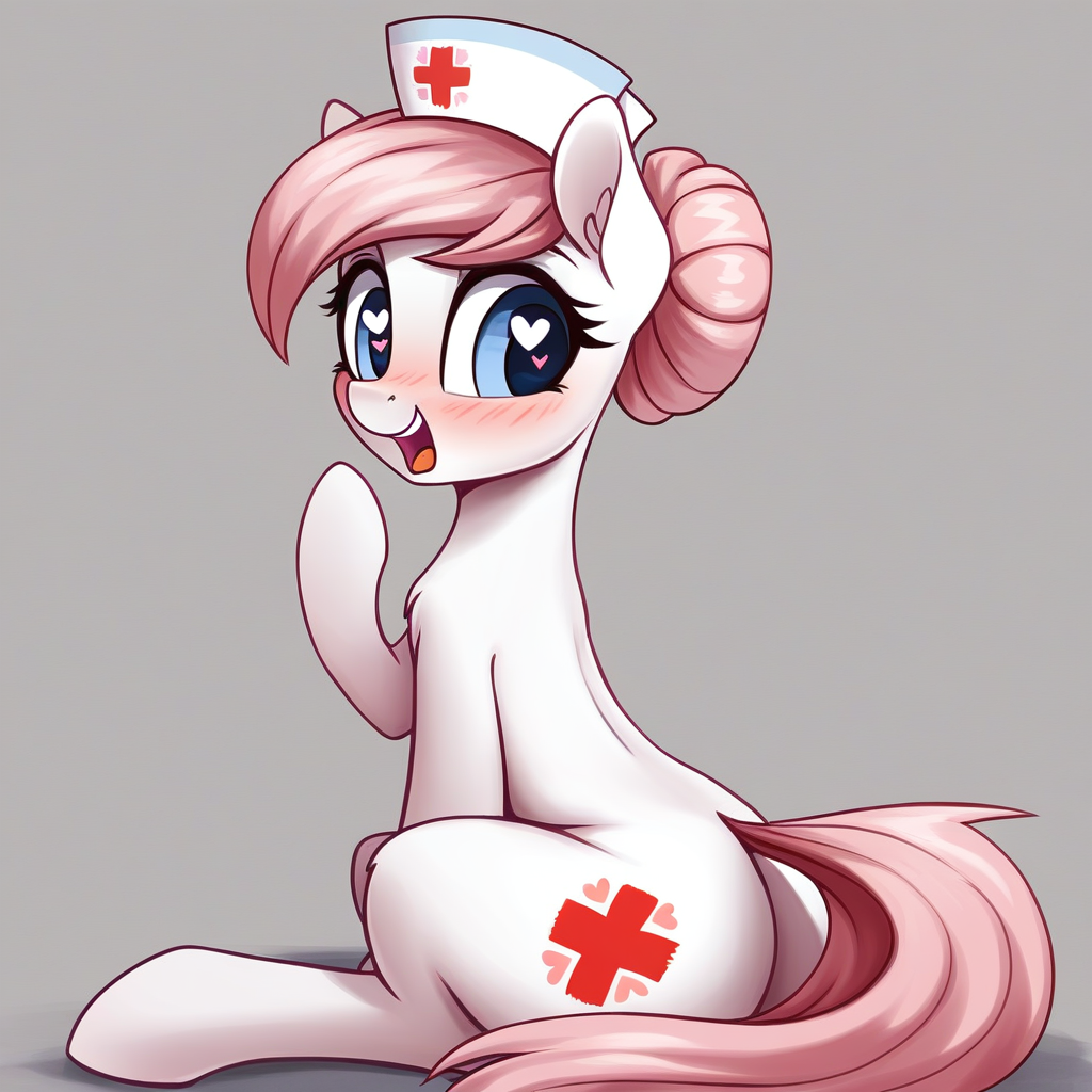 score_9, score_8_up, score_7_up, score_6_up, score_5_up, score_4_up, rating_questionable, nurse redheart, earth pony, female, pony, solo, solo female, blushing, bun, cute, g4, heart eyes, high res, hips, looking back, open mouth, sexy, sitting, surprised, wide hips, wingding eyes, adorasexy, both cutie marks, <lora:Wholesome_MLP-v1.7:1>