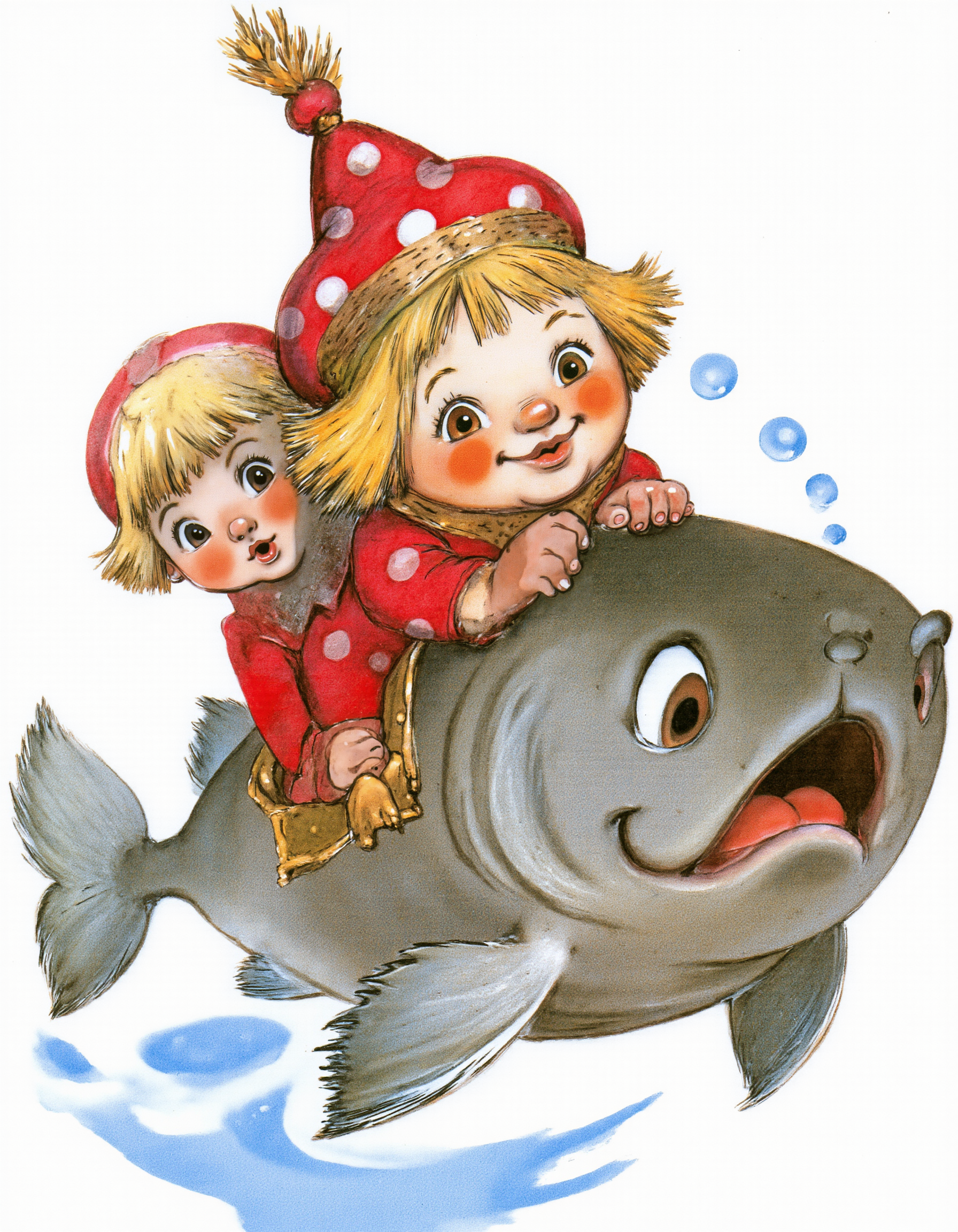 <lora:lv:1>, This image is a whimsical, hand-drawn illustration in a playful, cartoonish style. It features two children, one slightly older and one younger, riding on a large, gray fish. The older child, who is in the foreground, has a cheerful expression with wide eyes and rosy cheeks. They are dressed in a red outfit with white polka dots and a matching hat adorned with a red pom-pom. The younger child, positioned behind the older one, has light blonde hair and a similar joyful expression. They are also wearing a red outfit with white polka dots and a matching hat., 
The fish, which appears to be swimming, has a smooth, gray surface with a few fins visible. The background is minimalistic, with a few splashes of water and bubbles around the children, suggesting movement and a playful environment. The colors are vibrant and bold, with the reds and whites standing out against the gray and blue tones of the fish and water. The overall texture is soft and slightly grainy, typical of traditional watercolor painting. The illustration captures a sense of joy and adventure, with the children's expressions and the dynamic movement of the fish adding to the lively atmosphere.