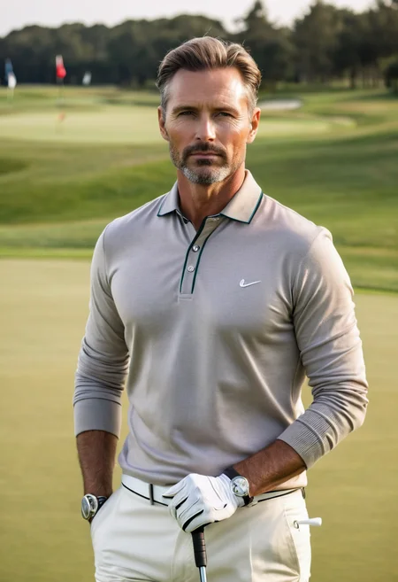 raw photo, half body, beautiful man, 40 years old, Classic Fashion, plays golf, luxurious outfit