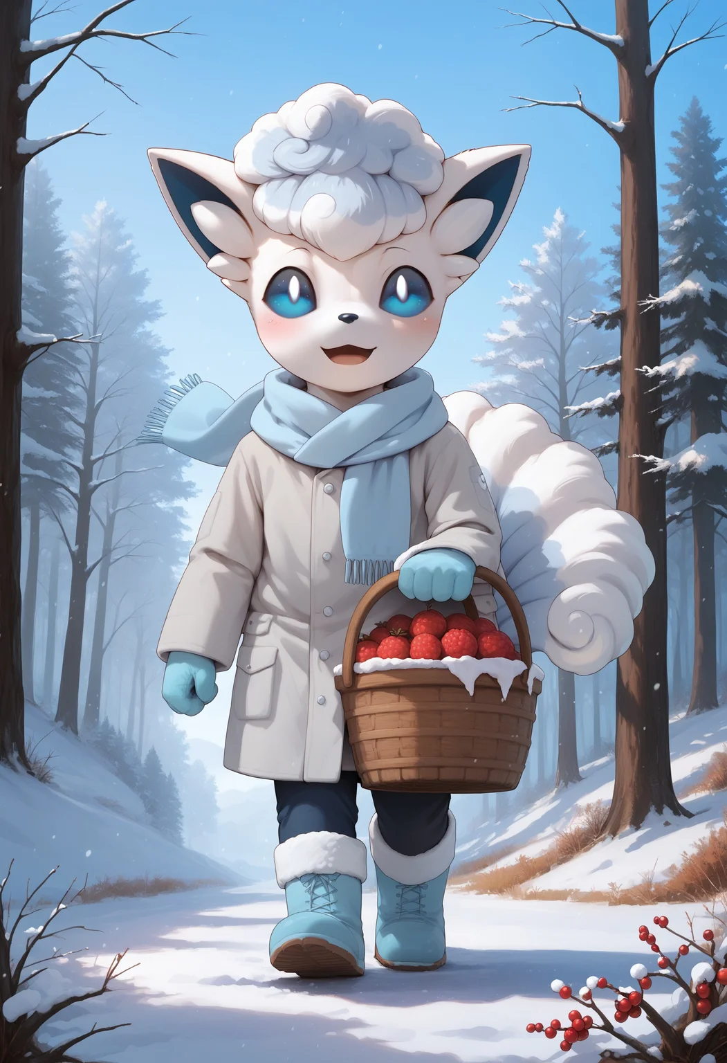 score_9, score_8_up, score_7_up, 8k, source_anime, snow, forest, trees
BREAK
moc, (1boy, alolan_vulpix, pokemon (creature), anthro, blue eyes, tail), looking away, walking, oversized clothes, snow coat, pants, snow boots, scarf, full body, cute smile, blush, open mouth, kneeling, basket, berries
<lora:5b7dead8-0d27-4213-a698-0348d326732e:5.0> , <lora:6a539bf7-60ae-4f60-b6cb-2f2390ac0380:1.0>, <lora:0822f1bc-be9c-42f2-a563-5e7c17e10639:0.6>, <lora:4b571537-d57c-4d84-9d24-d39fcf54c682:0.5>