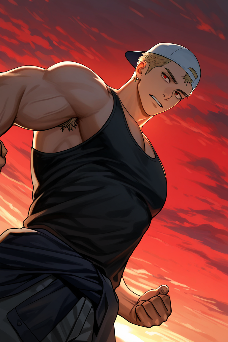 realistic shading, natural lighting, male focus, expressive serious face, urektg, red_urektg_eyes, blonde_urektg_short hair, white_urektg_backwards baseball cap, yellow_urektg_earrings, 1boy, standing, raised clenched fist, tank top, armpit hair, muscular male, floating clothes, windy, shadow, afternoon outdoors stone, red sky, cloudy sky, sunset, foreshortening, dutch angle, dynamic angle, dynamic action, intricately detailed illustration, cinematic, depth of field, atmospheric perspective, masterpiece, best quality, amazing quality, very aesthetic, absurdres, newest