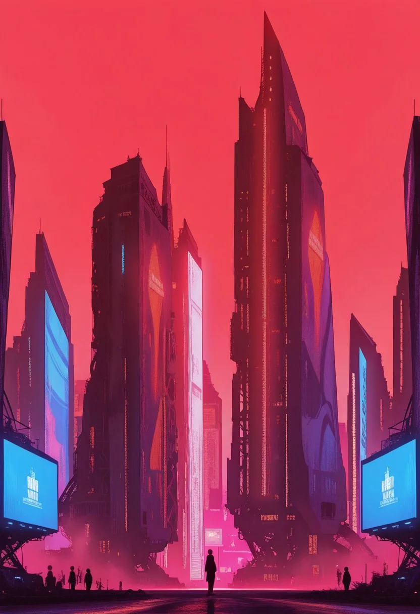 masterpiece, best quality, good quality, very aesthetic, absurdres, newest, 8K, depth of field, focused subject, sci-fi cityscape of colossal buildings and towers in an arid dusty landscape, towering, enigmatic structures rising from a barren, arid landscape. Each tower is adorned with intricate, glowing lines of orange and blue lights, hinting at the advanced technology within. In the distance, other towering monoliths are visible, creating a sense of endlessness. The lighting, casting long, dramatic shadows. The camera is set at ground level, looking up at the overwhelming scale of the station, emphasizing its imposing and mysterious nature, silhouetted against a red sky, red and white abstract colour palette, in the style of ckjs