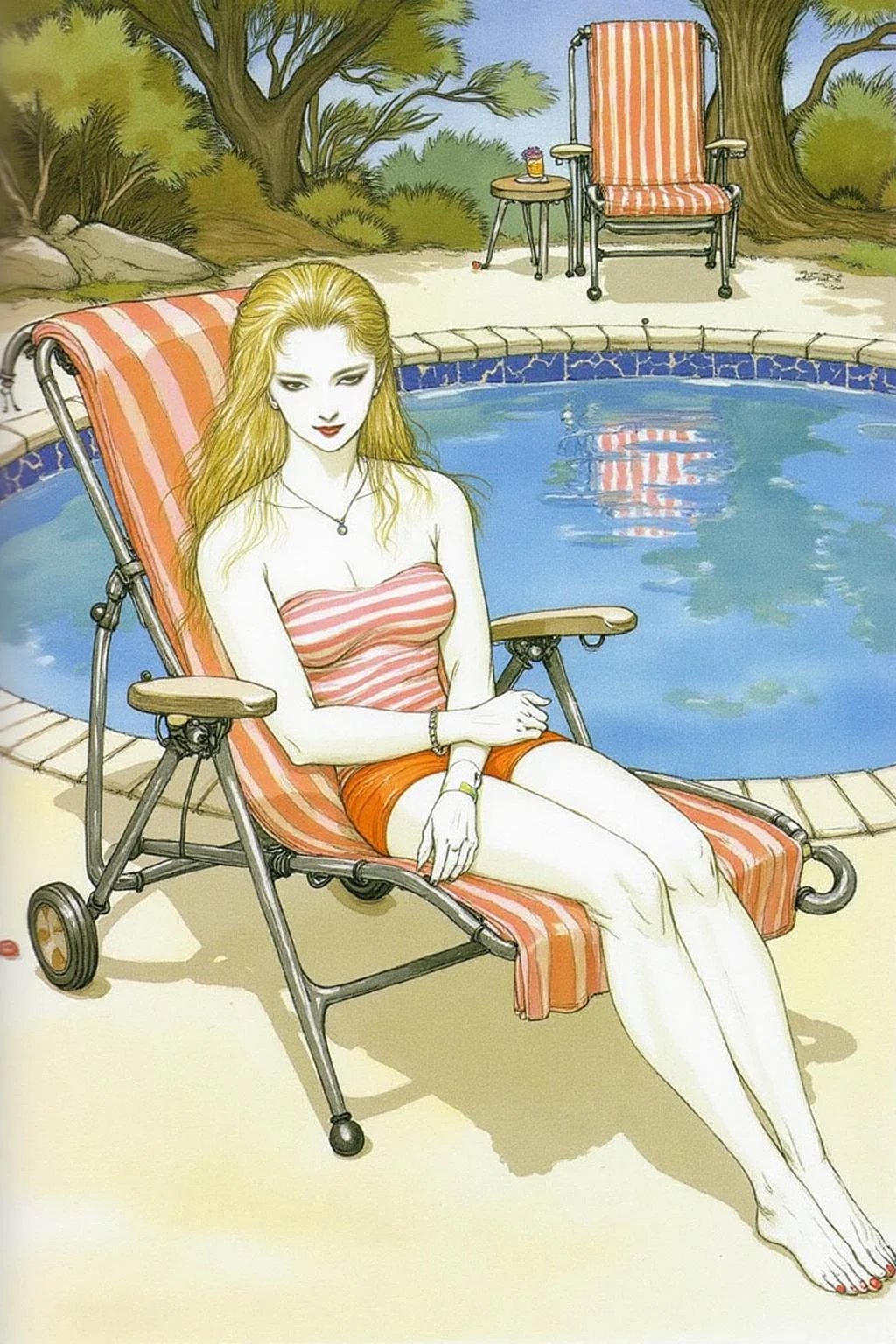 amayo illustration.
A blonde woman relaxing on a lawn chair by the poolside <lora:amayo1_cap_d6a3e11:1.0><lora:827338824662337936:0>