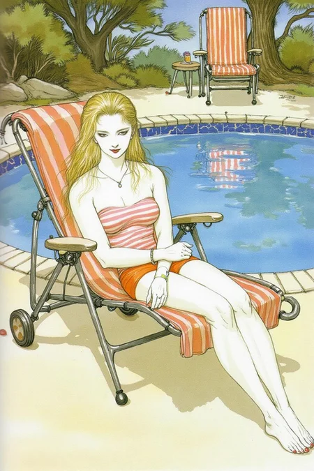 amayo illustration.
A blonde woman relaxing on a lawn chair by the poolside <lora:amayo1_cap_d6a3e11:1.0><lora:827338824662337936:0>