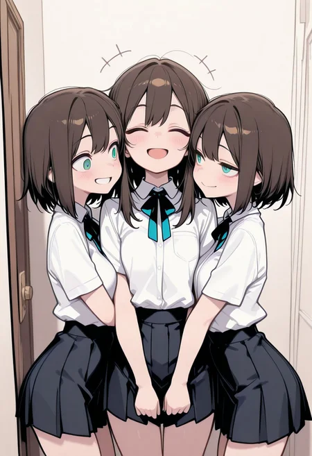masterpiece,best quality,amazing quality, happy, 3girls, sandwiched, hugging, masterpiece, best quality, highly detailed,