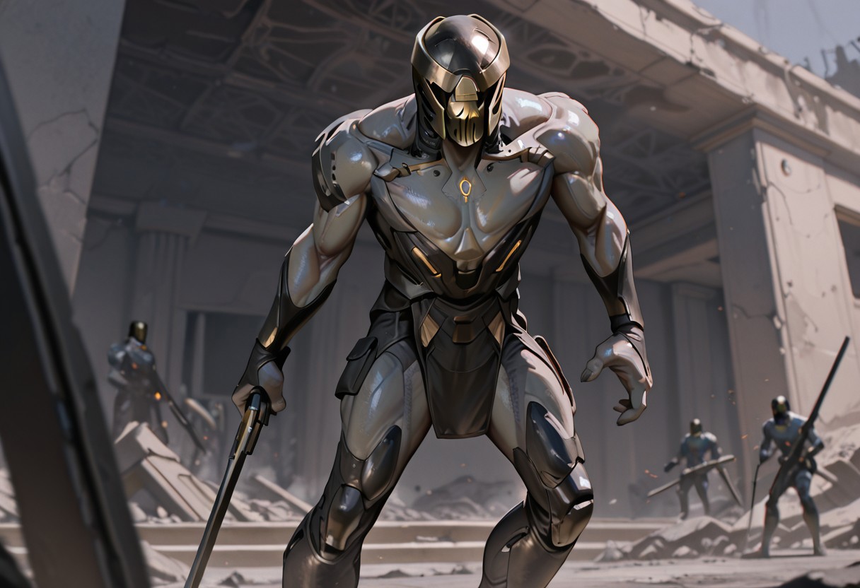 8K, In'ei, perfect depth of field shot, masterpiece, photographic realism, 8K CGI render, beautiful, sharp focus, crisp details, masterclass animation, source_anime, masterpiece,best quality,amazing quality, masterpiece, best quality,chitauri,helmet,visor, Alien Tech, firearms, Shooting posture, newest, absurdres, highres, perfect anatomy, standing, very aesthetic,battlefield,Architectural ruins,