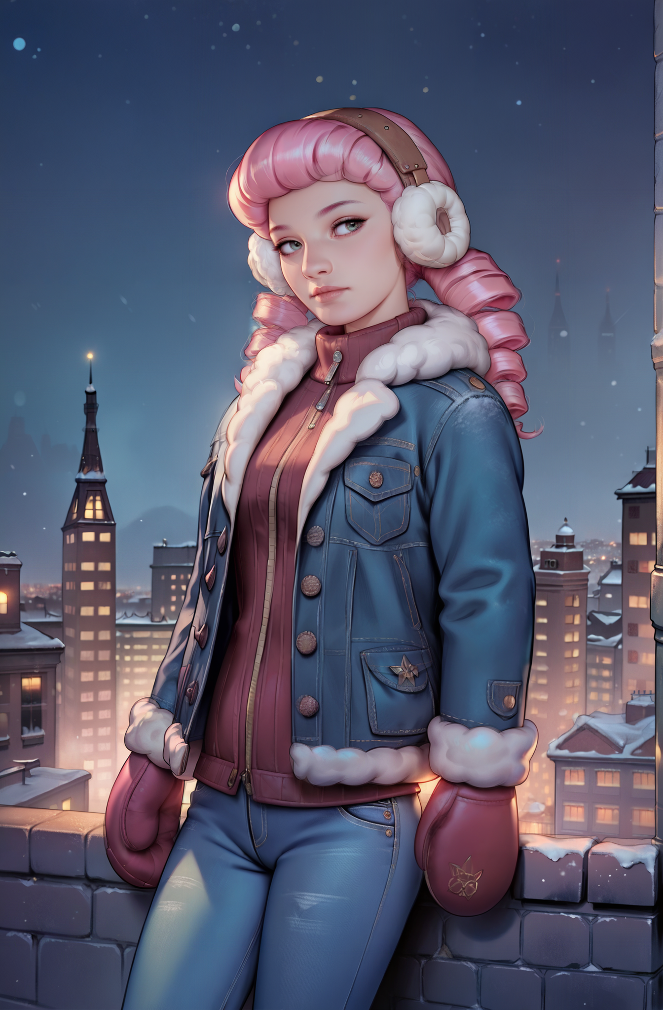 score_9, score_8_up, score_7_up, score_6_up,  intricately detailed illustration, masterpiece,best quality, highly detailed, (perfect_face), source_cartoon, cell_shading, detailed, detailed background, 
cute woman,((dimly lit, by night)), city by night, rooftop, cowboy shot, pink hair,tri drills, jeans jacket, fur coat, winter, wool mittens, impressed, alone, lone woman, panorama,
 <lora:gongbi_PonyXL_style_v01.10.10.02:0.6> <lora:PulenKompot-Troglor_Style_PonyXL:0.2> <lora:D4lm4uXLP:0.4> d4lm4u