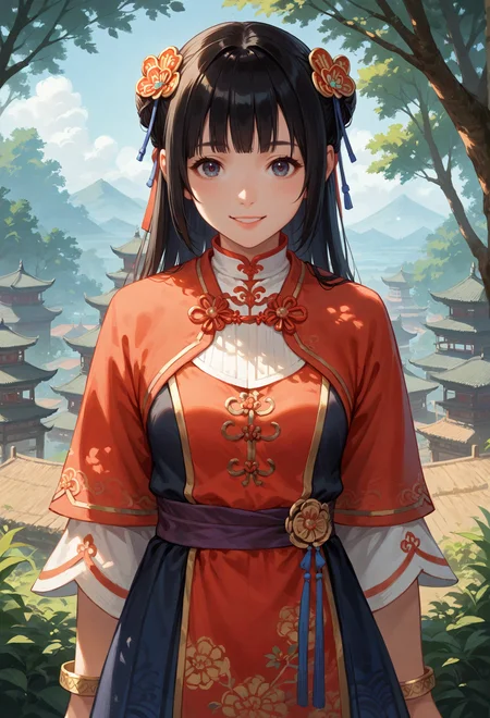 score_9, score_8_up, score_7_up, source_anime, masterpiece, front view, lean forward, smile, <lora:Daqiao_Dynasty_Warriors:0.8> 1girl, solo, black hair, long hair, hair ornament, chinese clothes, jewelry, bracelet, outdoors, looking at viewer, half body shot
