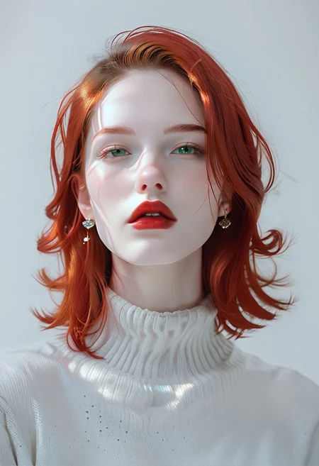 score_9, score_8_up, score_7_up, BREAK, ctdrm, dreamy, 1girl, solo, helencollins, jewelry, sweater, earrings, portrait, parted lips, lips, simple background, red lips, long hair, red hair, green eyes, pale skin, light blush, soft lighting, ethereal mood