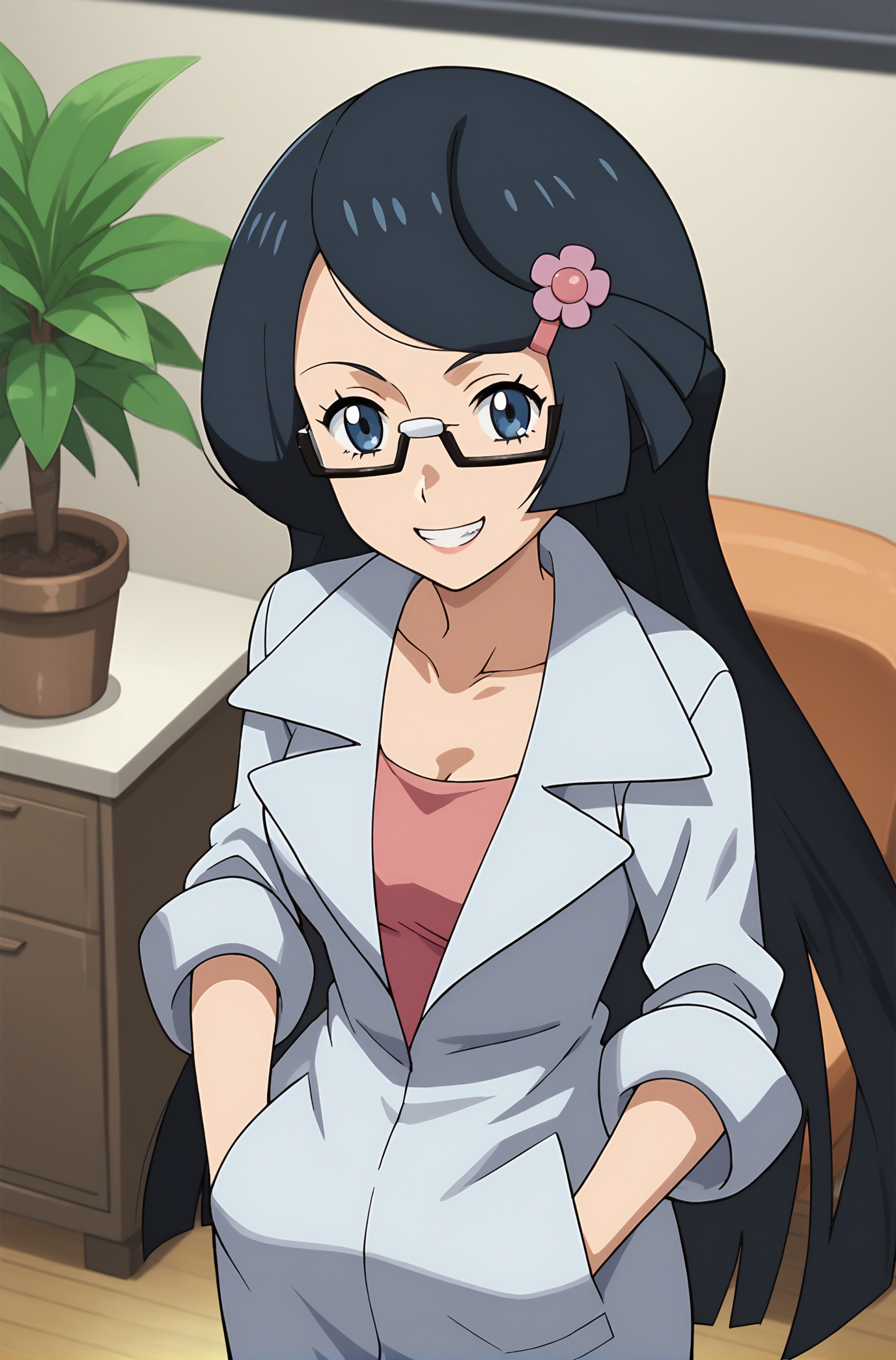 score_9, score_8_up, score_7_up, score_6_up, source anime, anime, animification, anime screencap, anime coloring, vivid colors, shiny skin, skindentation, deep skin, depth of field, high quality, highres, (dynamic angle,dynamic pose),
fennel \(pokemon\), 1girl, long hair, smirk, teeth, clenched teeth, shirt, black hair, hair ornament, collarbone, blue eyes, upper body, flower, :d, glasses, hairclip, indoors, munna, pokemon \(creature\), plant, semi-rimless eyewear, labcoat, potted plant, monitor
BREAK
masterpiece,high quality
<lora:Fennel_PokemonPony:0.9>