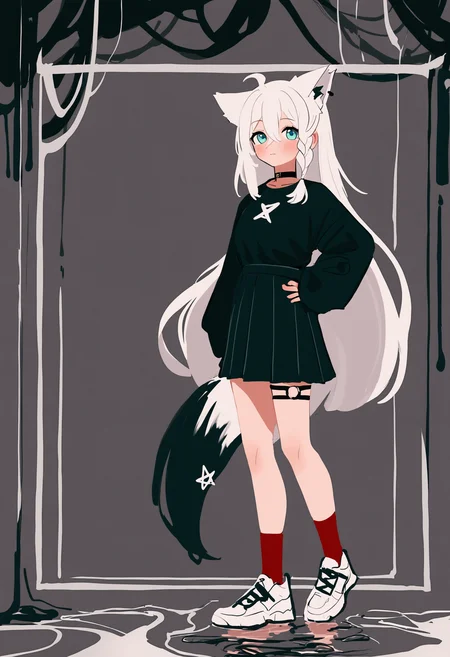 masterpiece, best quality, newest, absurdres, highres, very awa, profile, shirakami fubuki, vksnsfw, 1girl, animal ears, virtual youtuber, fox ears, fox tail, tail, solo, red socks, long hair, fox girl, skirt, ahoge, white hair, full body, thigh strap, pentagram, socks, braid, black skirt, hand on own hip, hair between eyes, looking at viewer, animal ear fluff, side braid, blush, alternate costume, choker, miniskirt, closed mouth, standing, very long hair, black shirt, long sleeves, pleated skirt, white footwear, blue eyes, black choker, shirt, thighs, border, shoes, single braid, simple background, white border, aqua eyes, black sweater, chain, sleeves past wrists, sneakers, o-ring, ear piercing, collar, sweater, breasts, piercing