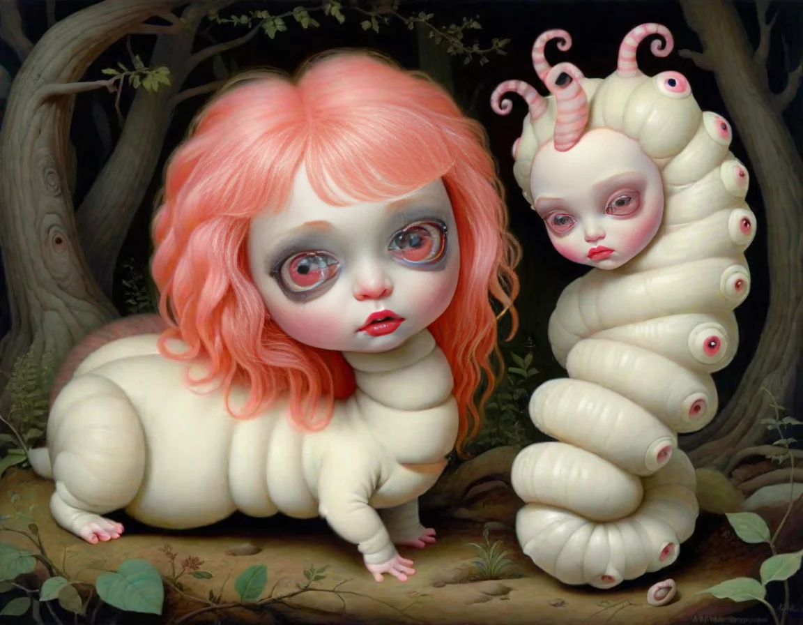 <lora:lowbrow_XL:1>, lowbrow, lowbrow-xl, surrealistic, absurd, bizarre, eerie, fanciful, fantastic and ludicrous, furry albino caterpillar