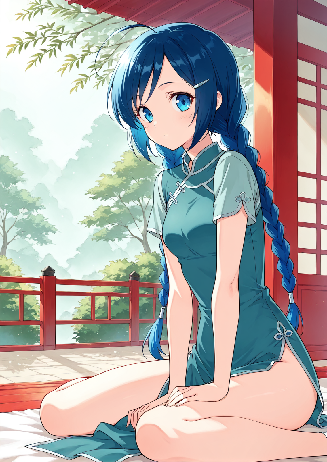 <lora:Ling-Er__Battle_Through_the_Heavens__Illustrious:1>
1 girl, solo, blue eyes, blue hair, braid, twin braids, long hair, ahoge, chinese clothes, short sleeves, hair ornament, hairclip, 
score_9, score_8_up, score_7_up, masterpiece, best quality, absurdres, perfect anatomy, 1girl, solo, wariza, sitting, hands on own knees, garden background