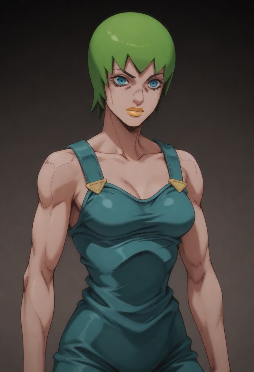 masterpiece, best quality, amazing quality,,, shiny skin,,,,,  (((1girl, solo, FooFighters, Green Hair, Short Hair, Cyan Eyes, Yellow Lipstick, Teal Overalls, Gold Buttons, perfect face, detailed eyes))),