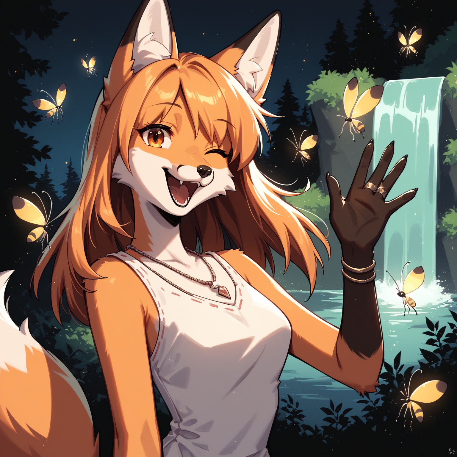 score_9, score_8_up, score_7_up,  1girl, furry female, fox female, forest, waterfall, happy, fox tail, fox ears, solo, white dress, waving, necklace, bracelet,looking at viewer, ring,facing viewer,upper body,one eye closed, night, fireflies, 