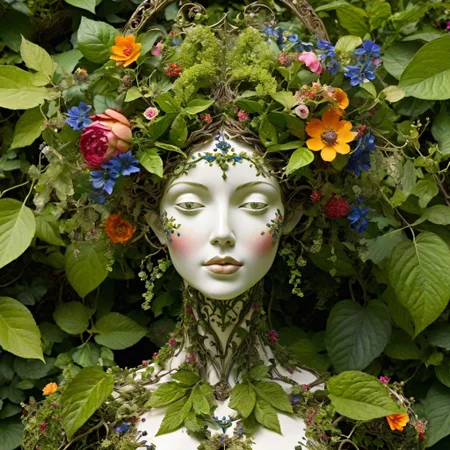 anthropomorphic plant goddess, voluptuous form sculpted from winding brambles and petals, kaleidoscope of vivid floral patterns, ornate organic embellishments, vibrant green leafy accents, idyllic garden paradise environment, mystic natural beauty