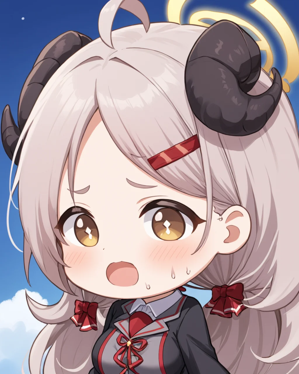 izumi \(blue archive\),curled_horns, hairclip, chibi, mouth_drool, open_mouth, blush, ahoge, red_bow, 2girls, hair_bow, out_of_frame, sweat, sheep_horns, thick_eyebrows, halo, solo_focus, short_eyebrows, saliva
<lora:izumi_(blue_archive)_image415_2023-11-27-000025:1>halo. gorgeous,key visual, vibrant, studio anime,award-winning, professional, highly detailed,high budget, cinemascope
