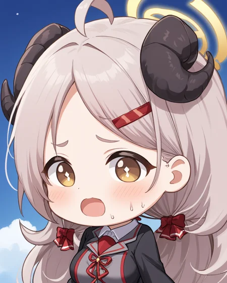 izumi \(blue archive\),curled_horns, hairclip, chibi, mouth_drool, open_mouth, blush, ahoge, red_bow, 2girls, hair_bow, out_of_frame, sweat, sheep_horns, thick_eyebrows, halo, solo_focus, short_eyebrows, saliva
<lora:izumi_(blue_archive)_image415_2023-11-27-000025:1>halo. gorgeous,key visual, vibrant, studio anime,award-winning, professional, highly detailed,high budget, cinemascope