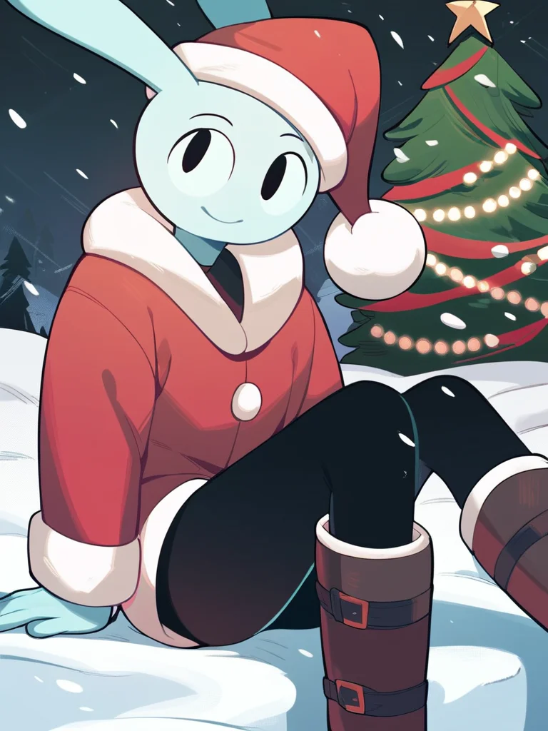 score_9, score_8_up, score_7_up, score_6_up, score_5_up, score_4_up, 1girl, solo, Y5, red jacket, black leggings, boots, santa hat, snow, snowing, christmas tree, christmas, detailed face, detailed eyes, detailed background, <lora:y5-v1:1>