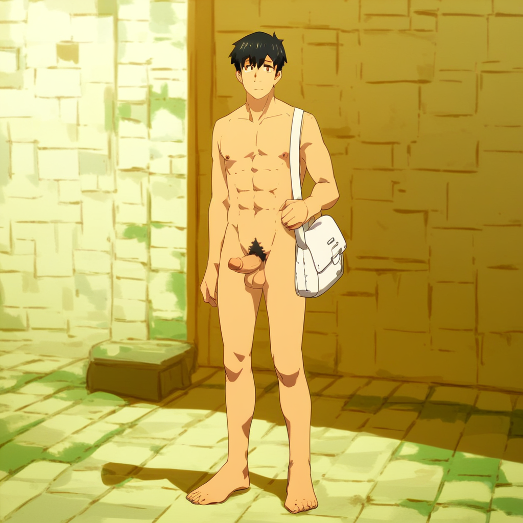 Mukouda Tsuyoshi, 1boy, male focus, bag, black hair, solo, brown eyes, pubic hair, completely nude, abs, penis, balls, standing,  score_9, score_8_up, score_7_up, score_6_up <lora:vinceteaa_020_04v2-step00000400r:1> good face, good eyes, looking at viewer, full body, standing,