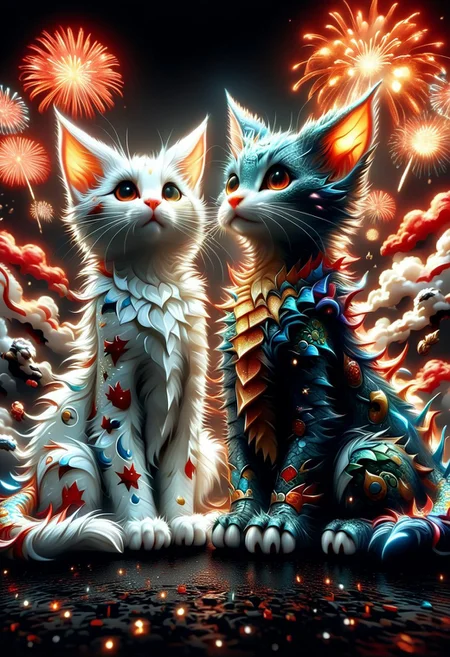 cartoon. dog and cat sit next to each other. fireworks in the background. at night.
Intricate details. Work by Ivan Shishkin to Yoshitaka Amanos.
perfection style, vivid colors, colorful, vivid background, midjourneyv6.1, CN_SP style, chinese dragon, fireworkart, made of fireworks, FRESHIDEAS cartoon three views, back visible. sparkles, glitter