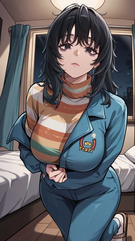 masterpiece, best quality, absurdres, newest, scenery, 1girl, solo, looking at viewer, 
<lora:anya_Illu_Dwnsty-000008:0.8>, anya_mw, black eyes, black hair, messy hair, solid oval eyes, bags under eyes, eyelashes, blue jumpsuit, multicolored sweater, turtleneck sweater, clogs, white socks,
large breasts, lips, bored, expressionless, open clothes, undressing, 
indoors, bedroom, dimly lit, ceiling light, window, curtains, night,